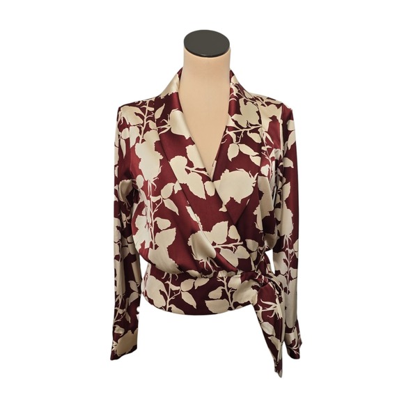 Hutch Tops - Anthropologie Hutch Nyla Wrap Blouse Wine Red Size XS Satin Floral Office Preppy